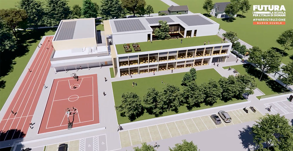 Una nuova scuola con grandi vetrate, un agorà centrale e una palestra sostenibile a Casumaro Di Cento